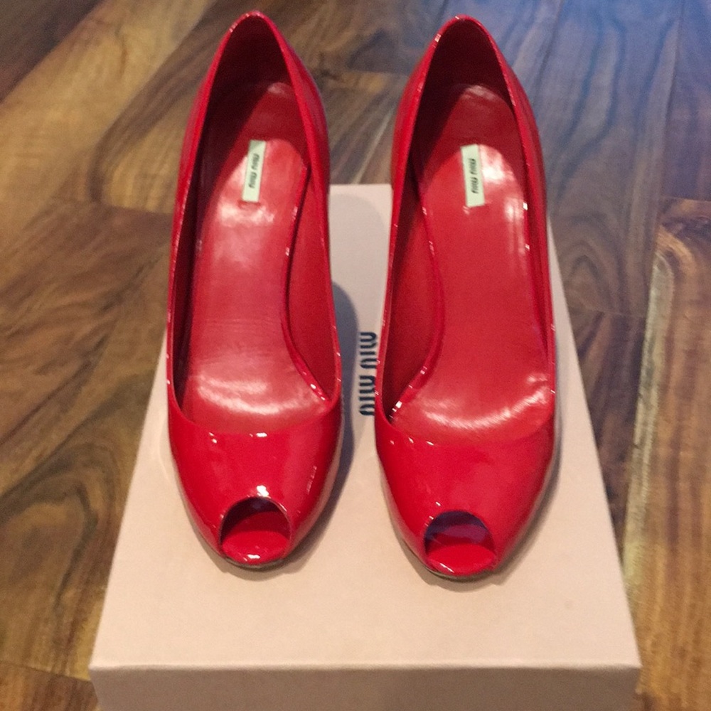 Miu Miu red patent wedge